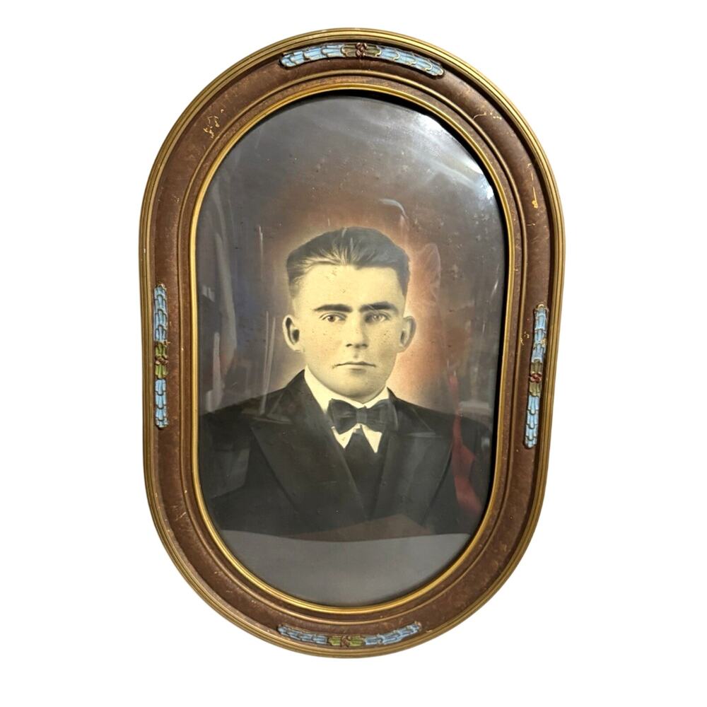 Bubble Glass Portrait Antique Young Man Oval Wood Frame Antique Early 1900s